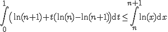3$\Bigint_0^1\left(\ln(n+1)+t(\ln(n)-\ln(n+1)\right)\mathrm{d}t \le \Bigint_n^{n+1}\ln(x)\mathrm{d}x